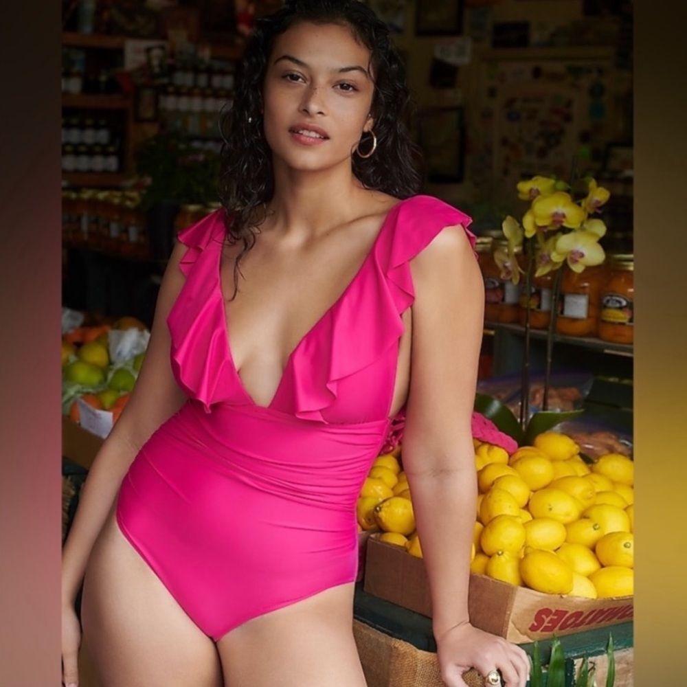 J Crew Radiant Fuchsia Ruffle V-Neck Ruched One Piece Swimsuit Sz 10 NWT